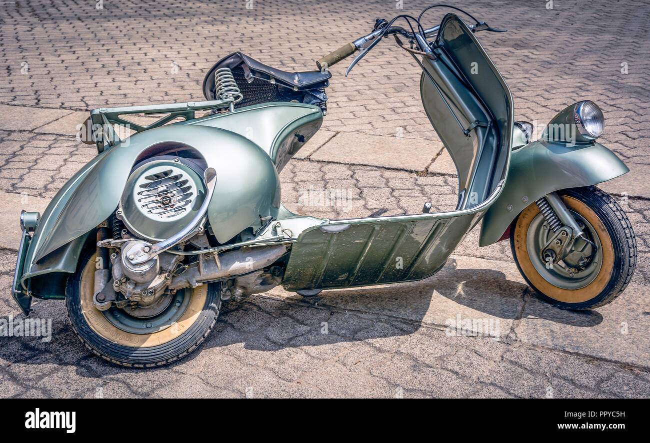 Cagliari, Italy - April 29, 2018: Piaggio Vespa vintage scooters meeting. Vintage Vespa from the 50s. Post process in vintage styl Stock Photo -