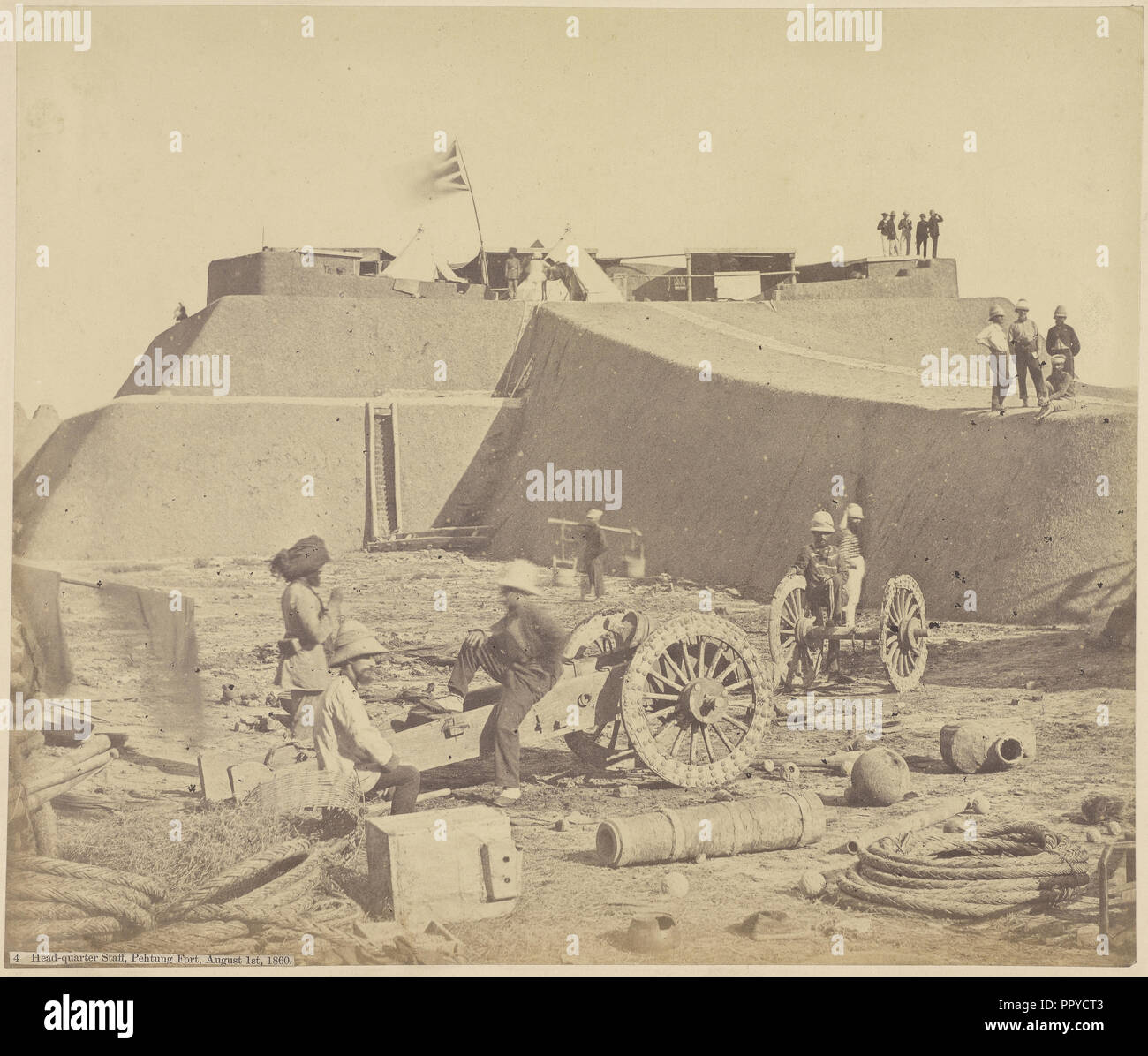 Headquarter Staff, Pehtang Fort; Felice Beato, 1832 - 1909, August 1, 1860; Albumen silver print Stock Photo