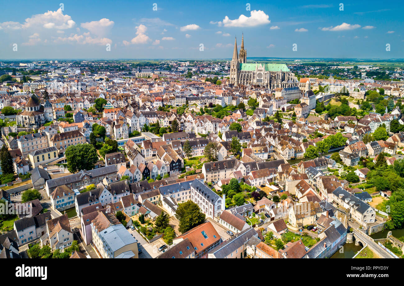 Aerial view of Chartres city with the Cathedral. A UNESCO world heritage site in Eure-et-Loir, France Stock Photo