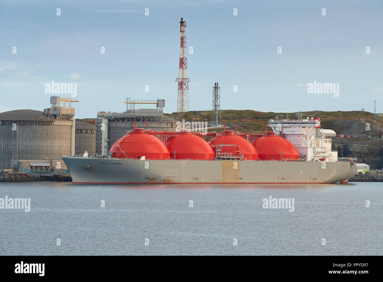 The Giant LNG (Liquified Natural Gas) Carrier, ARCTIC VOYAGER, Loading At The Melkøya LNG Processing Facility, Hammerfest, Norway. Stock Photo