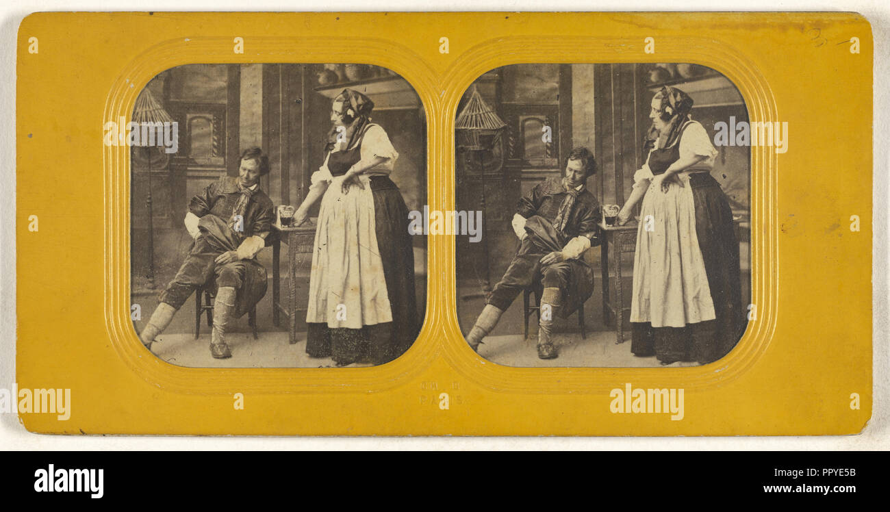 Genre scene: man being served a beer by a woman, the man is reaching in his pocket for money; Charles Gaudin, Ch. G., French Stock Photo