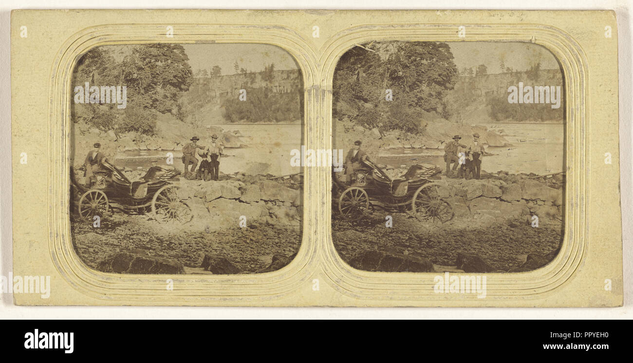 Men posed on rocks, another man posed by carriage; about 1865; Hand-colored Albumen silver print Stock Photo