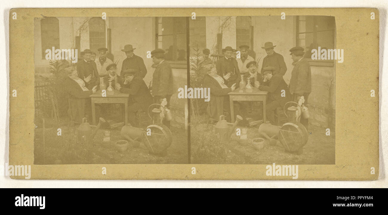 Men around a table outside, decanters on top; about 1865; Albumen silver print Stock Photo
