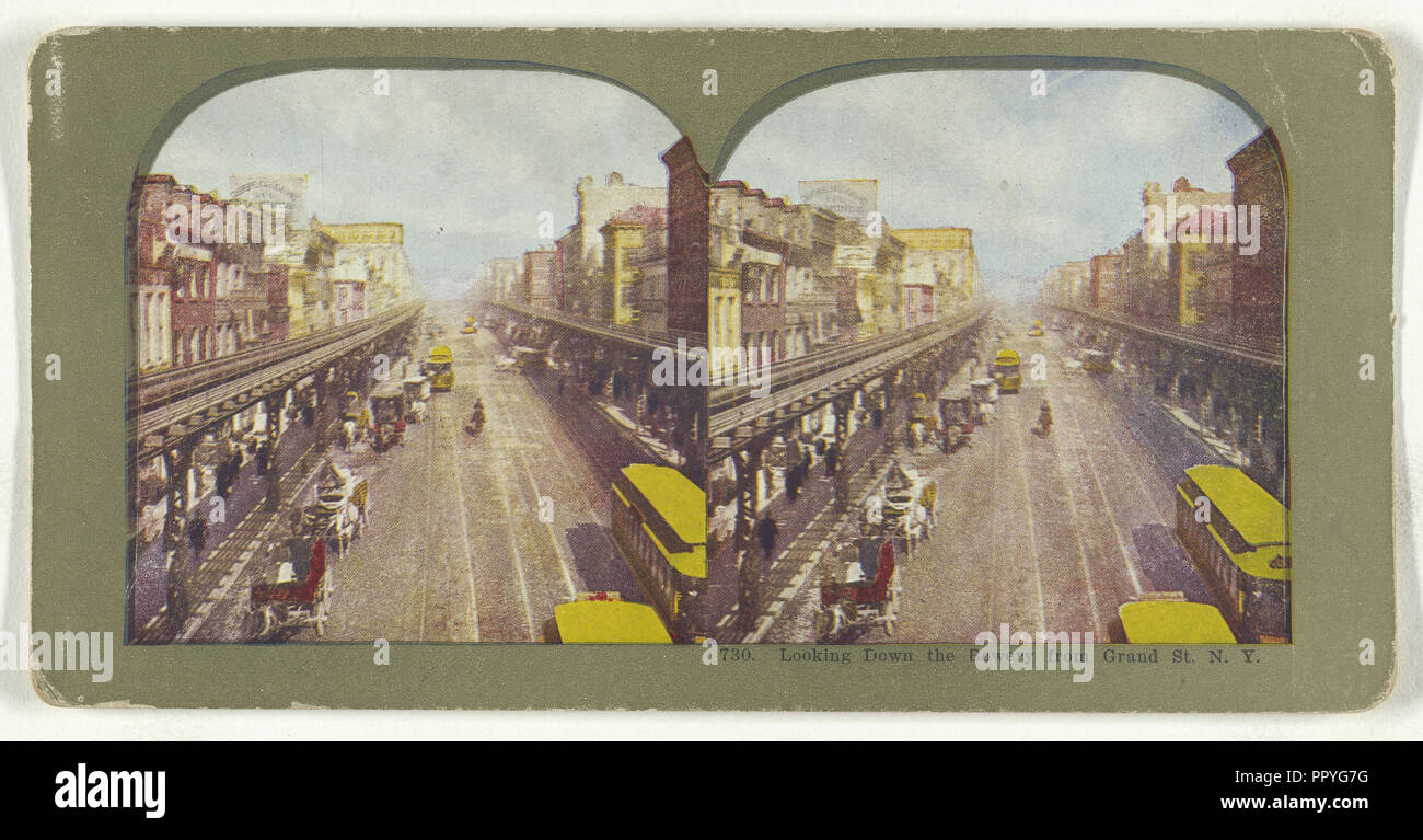 Looking Down the Bowery From Grand Street, N.Y; American; about 1905; Color Photomechanical Stock Photo
