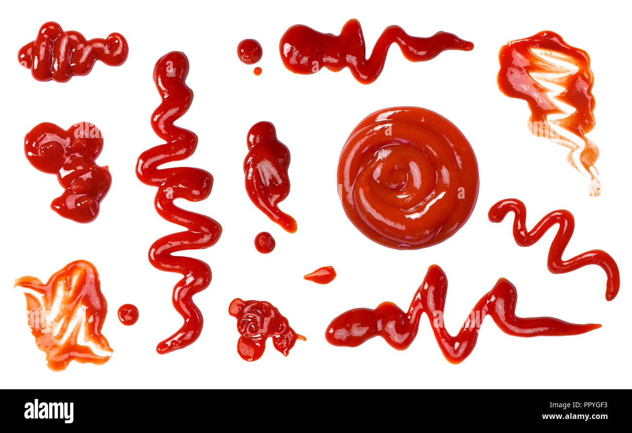 Ketchup splashes, group of objects. Arrangement of red ketchup or tomato sauce, isolated white background, top view. Stock Photo