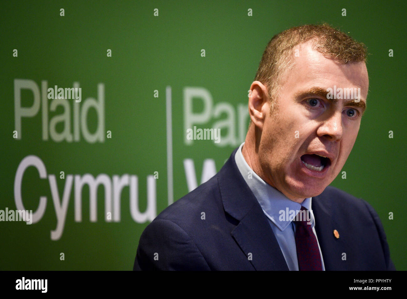 New leader of Plaid Cymru, Adam Price, speaks after winning the leadership contest election result at the Novotel, Cardiff. Stock Photo