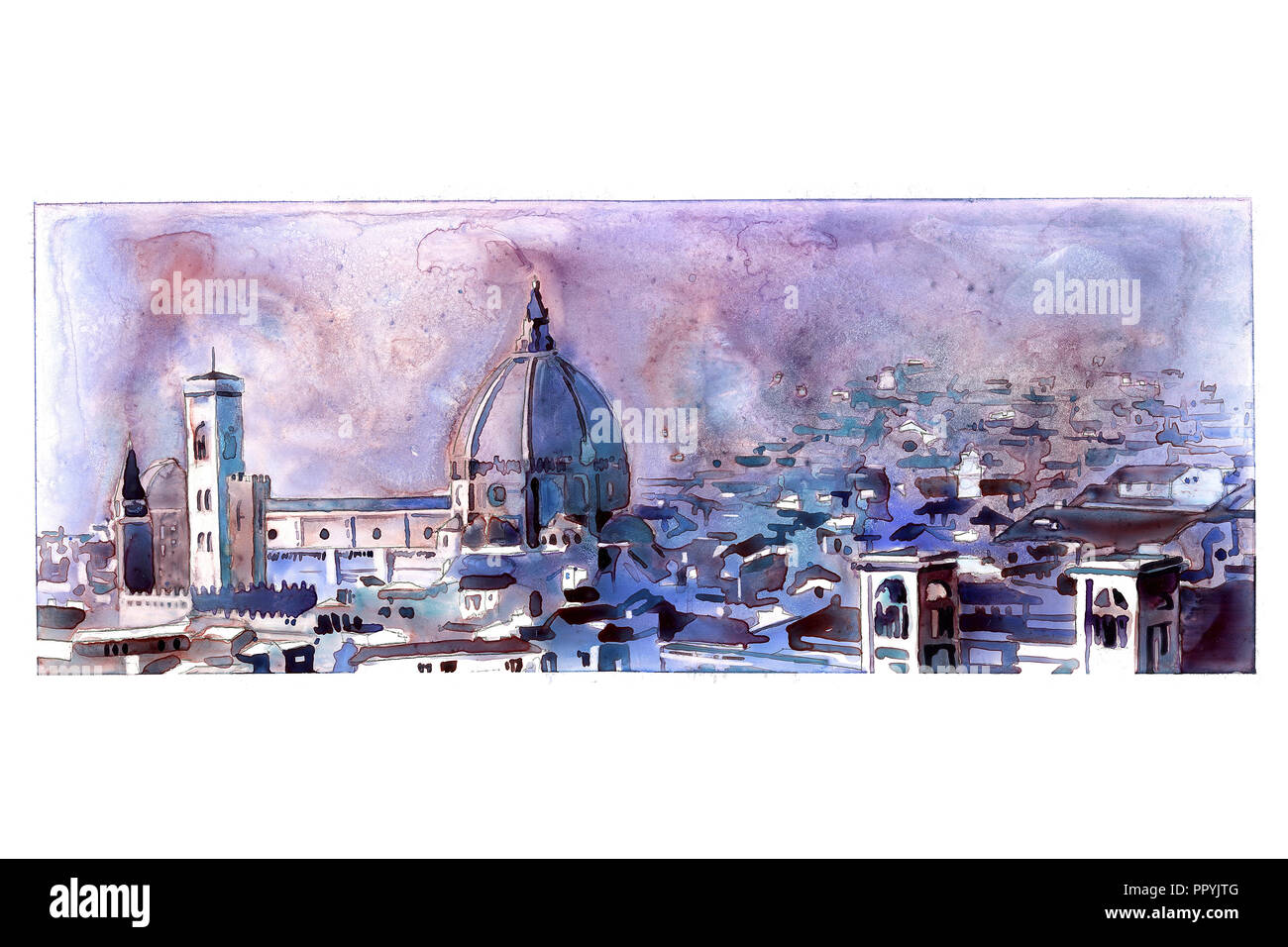 Watercolor of the historic Duomo and cityscape of Florence from the Palazzo di Michelangelo- Florence, Italy Stock Photo