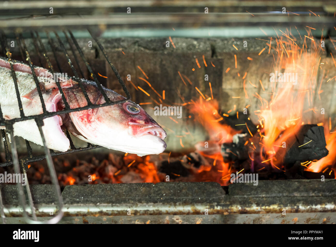 Big golden fish grilled on charcoal on the barbeque in the restaurant Stock Photo