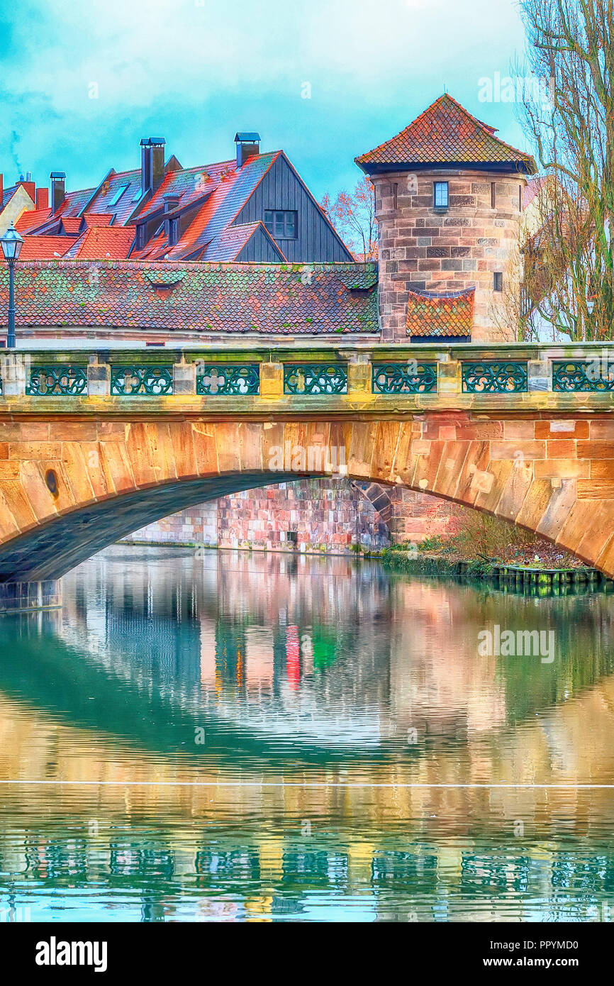 Old buildings, towers and bridge over the river in Nuremberg, Bavaria