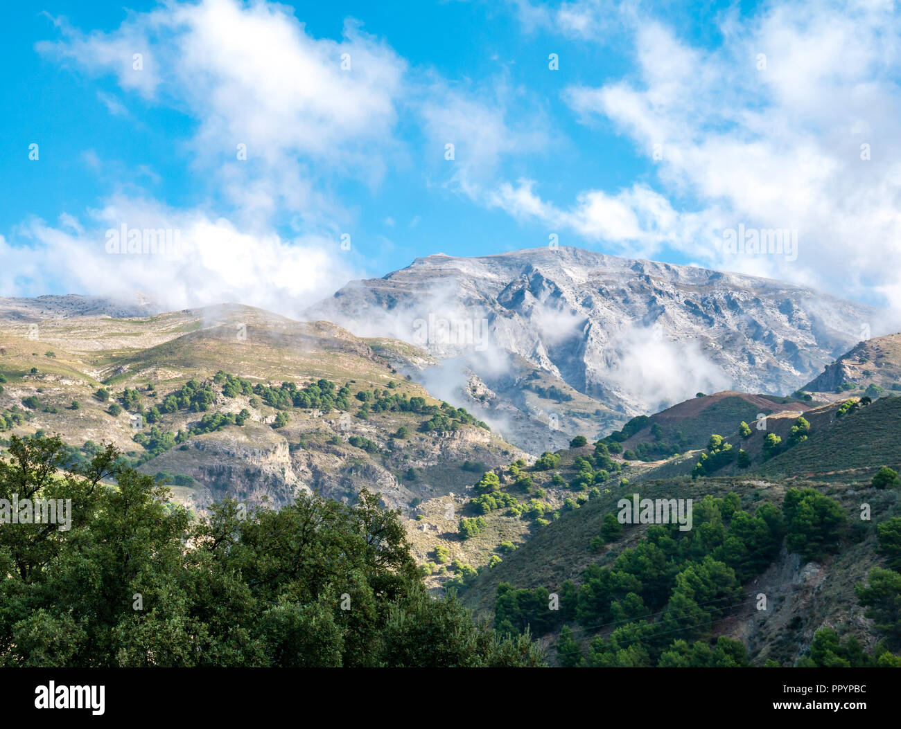Mountain ridge covered in wispy clouds, Mudejar route, Sierras de Tejeda Natural Park, Axarquia, Andalusia, Spain Stock Photo