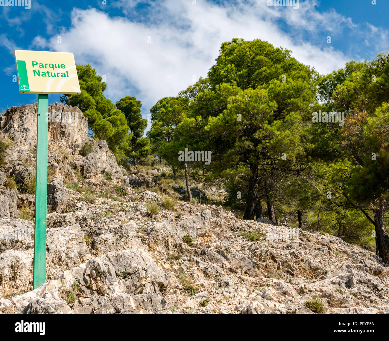 Sierras de Tejeda Natural Park sign along mountain path, Axarquia, Andalusia, Spain Stock Photo