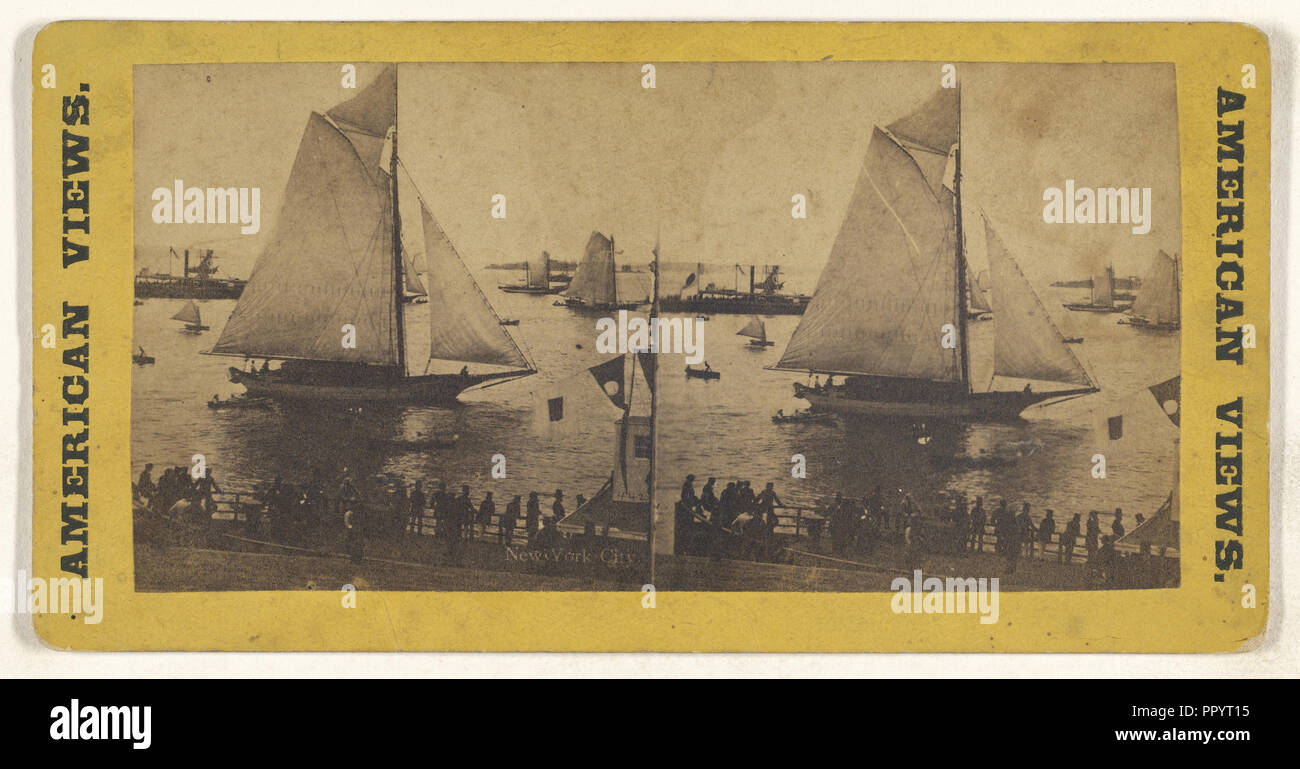 New York City Sailing ship in harbor, people on dock; American; about 1865 - 1875; Albumen silver print Stock Photo