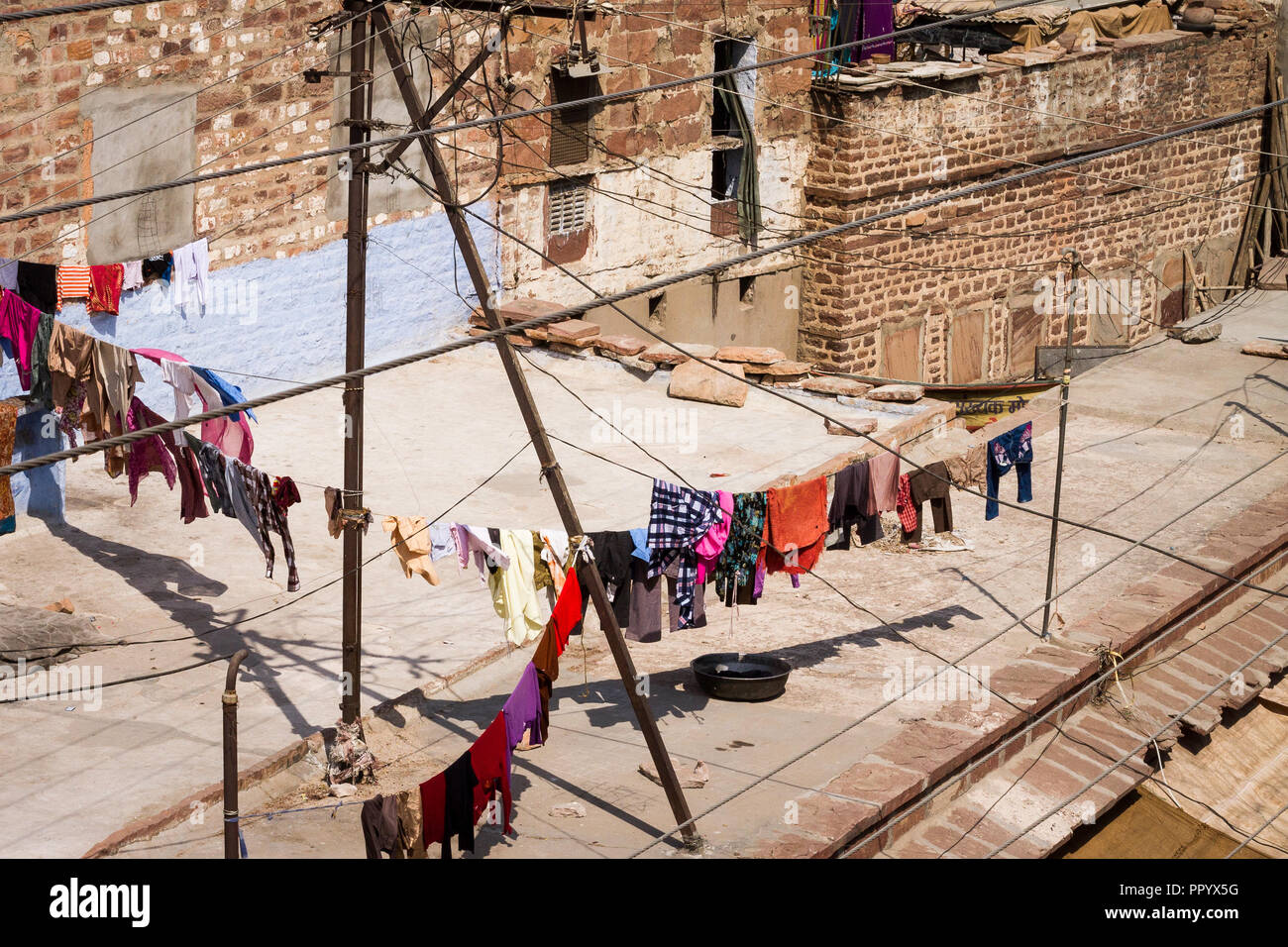 Looking down on washing line filled with clothes in Jodhpur Stock Photo