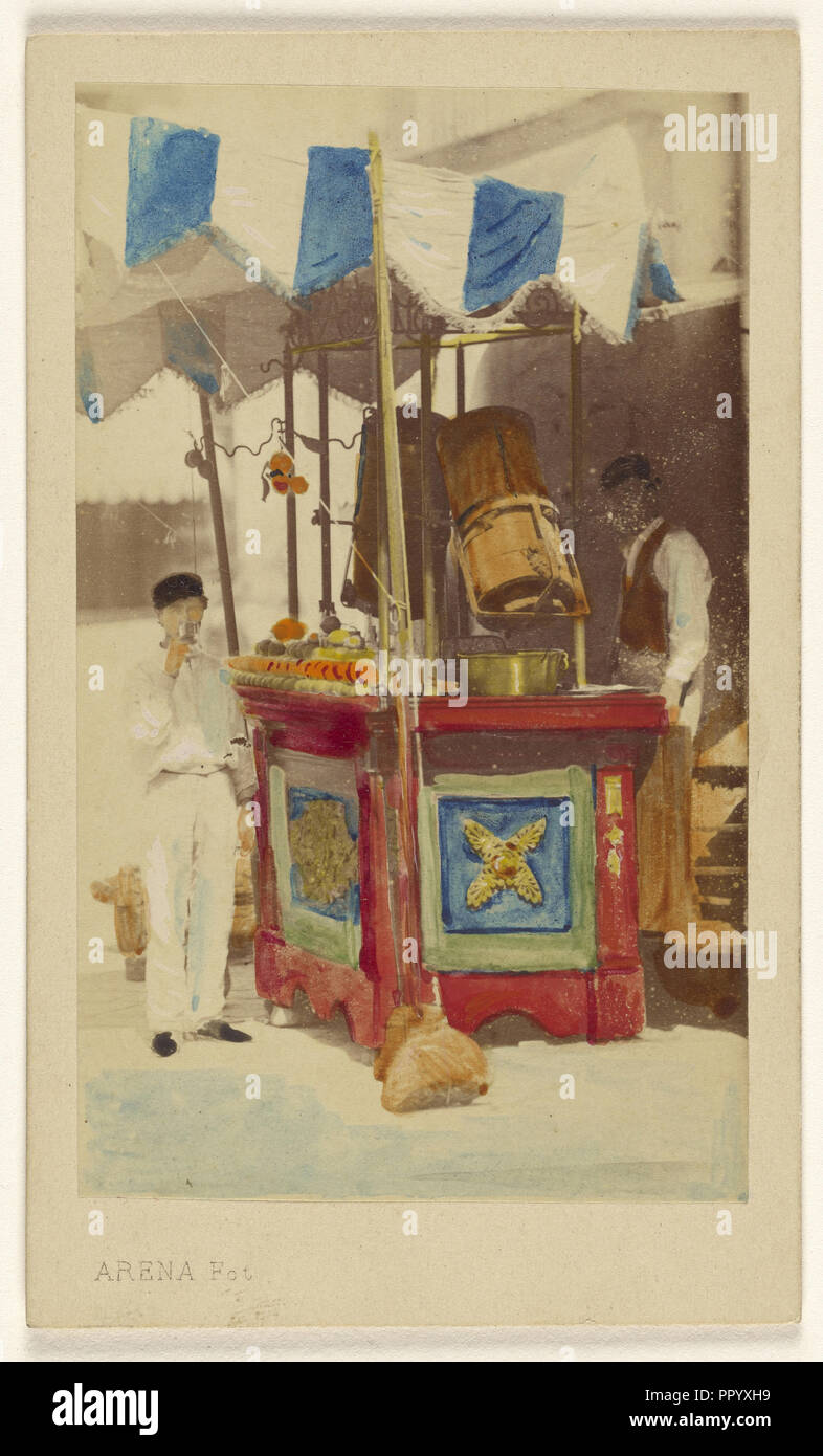 Juice seller at cart with customer imbibing, both standing; Giacomo Arena, Italian, 1818 - 1906, 1870 - 1875; Hand-colored Stock Photo