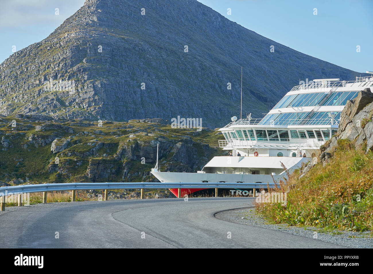 The Norwegian Hurtigruten Ferry, MS TROLLFJORD, Moored In Havøysund, Finnmark County, Norway. Stock Photo