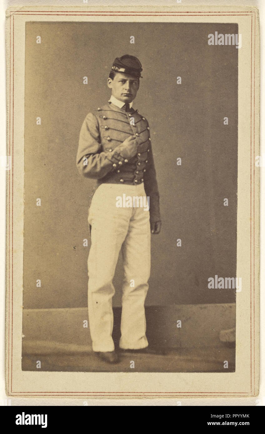 Civil War solding wearing a cap, in quasi-Napoleanic stance; Charles DeForest Fredricks, American, 1823 - 1894, 1862; Albumen Stock Photo
