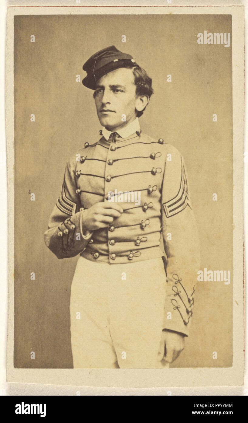 Civil War solding wearing a cap, in quasi-Napoleanic stance; Charles DeForest Fredricks, American, 1823 - 1894, 1862; Albumen Stock Photo