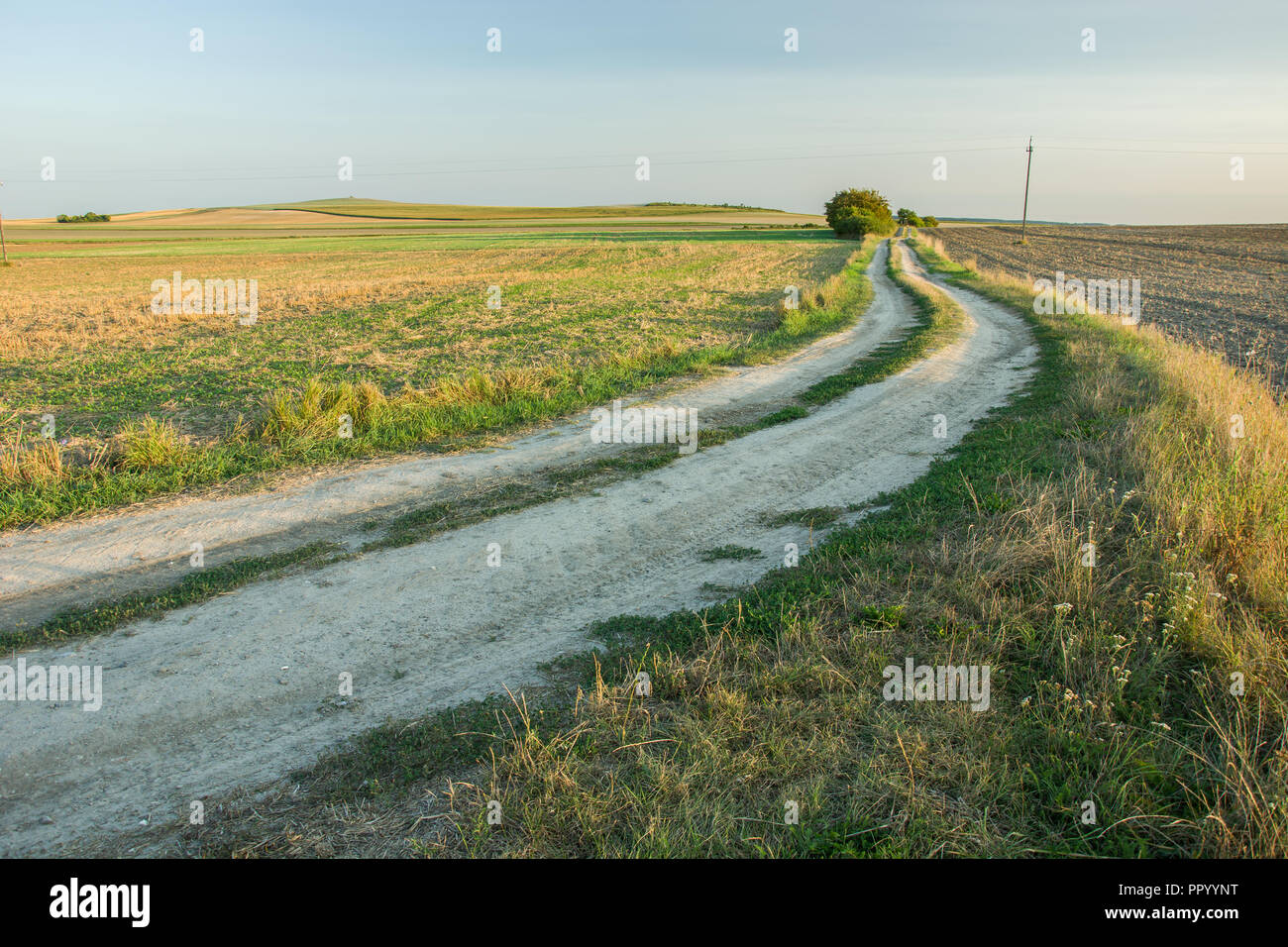 Turn on a sandy country road through fields towards the horizon. The landscape of the Polish countryside Stock Photo
