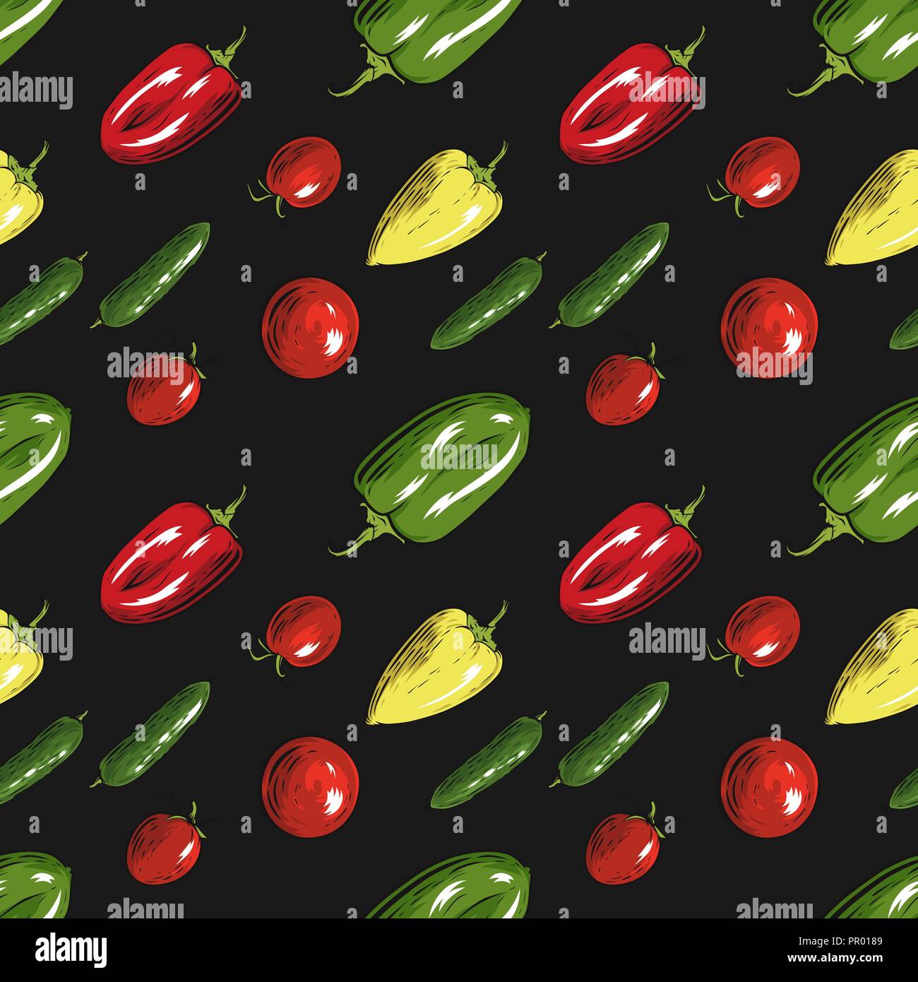 Seamless pattern with vegetables on dark background. Vector illustration. Stock Vector