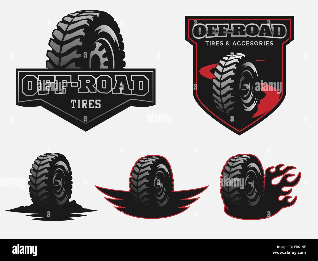Set of off-road tyre service logo emblems and badges. Stock Vector