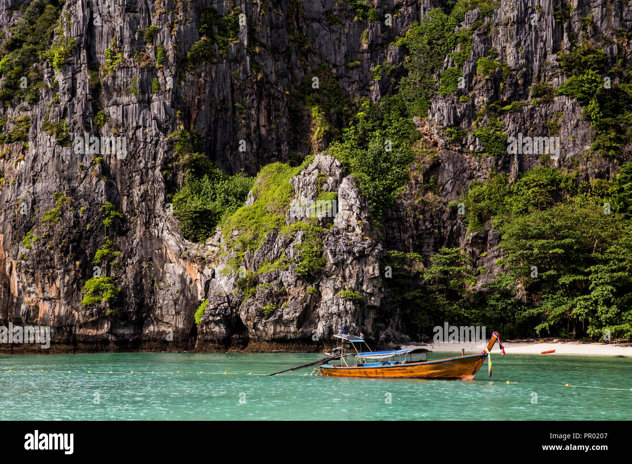 Long tail boat on Phi Phi Islands, Thailand.An exotic place. Stock Photo
