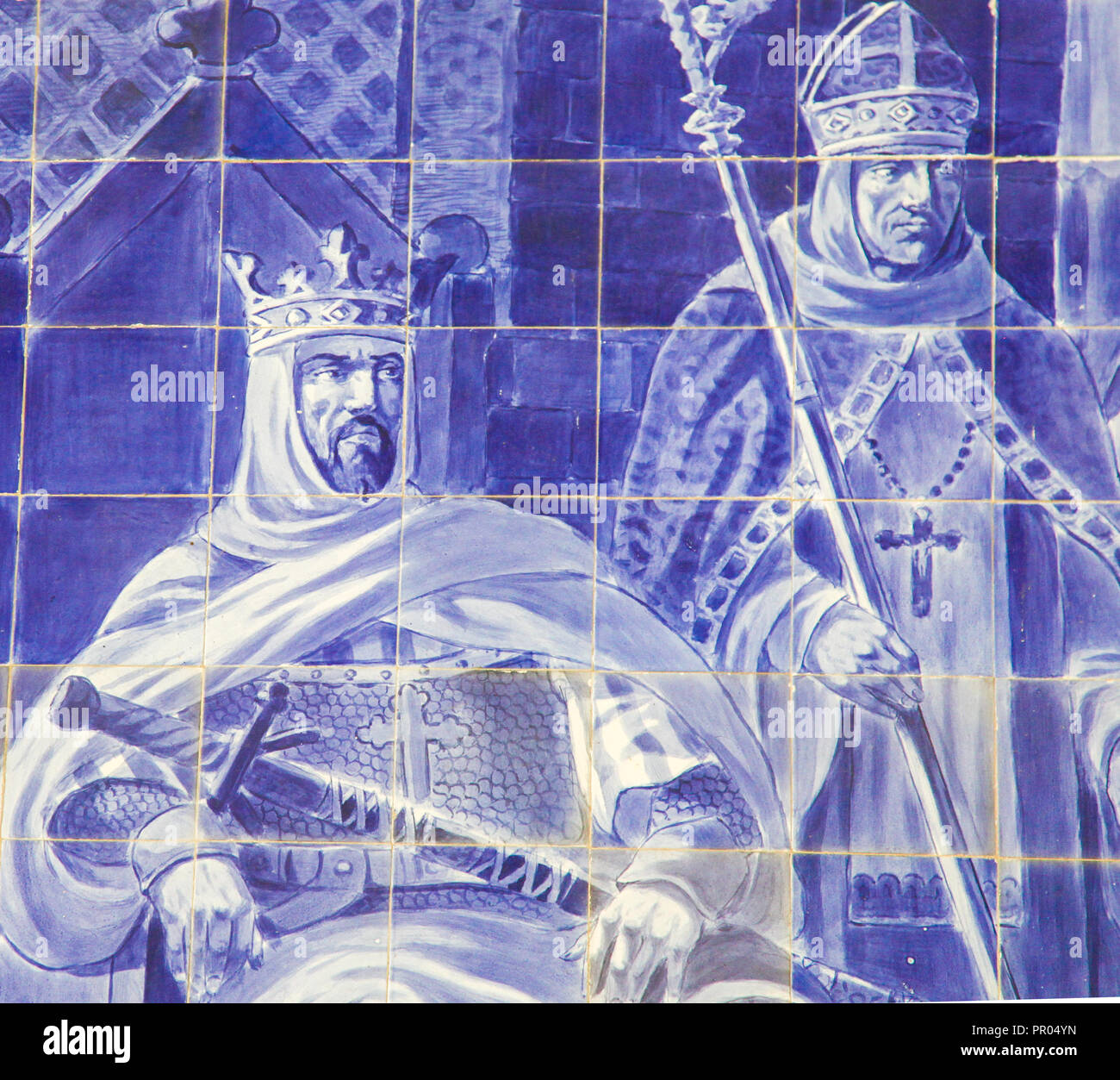Azulejo panel in the Sao Bento Railway Station in Porto, Portugal, depicting King Alfonso VII of Leon Stock Photo