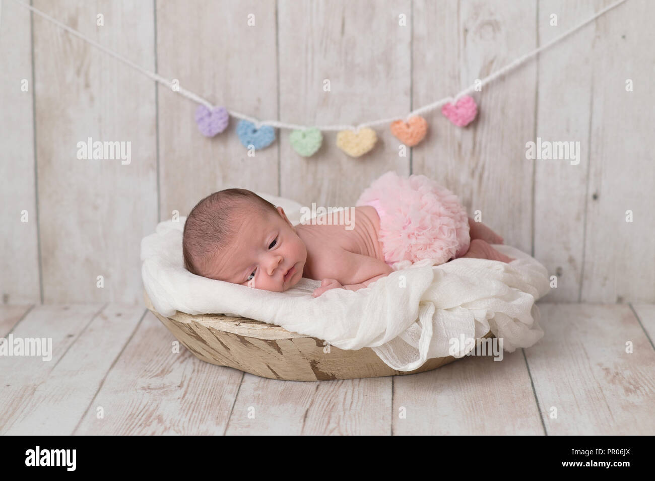 Portrait of a 2 week old newborn baby girl wearing frilly, pink bloomers. She is lying in a wooden bowl and there is a heart garland in the background Stock Photo