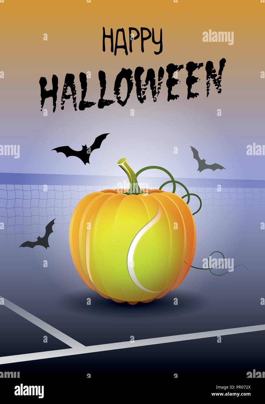 Happy Halloween. Sports greeting card. Realistic tennis ball in the shape  of a Pumpkin. Vector illustration Stock Vector Image & Art - Alamy