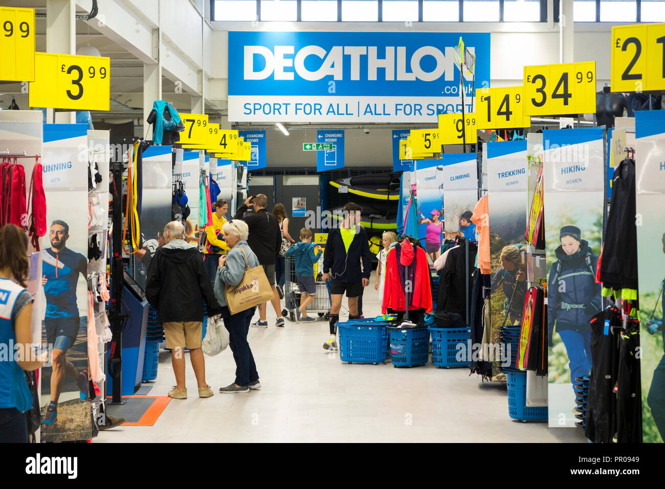 Shop interior / inside of the Decathlon sports / sporting equipment shop / retailer / store in Guildford. Surrey. UK. (102) Stock Photo