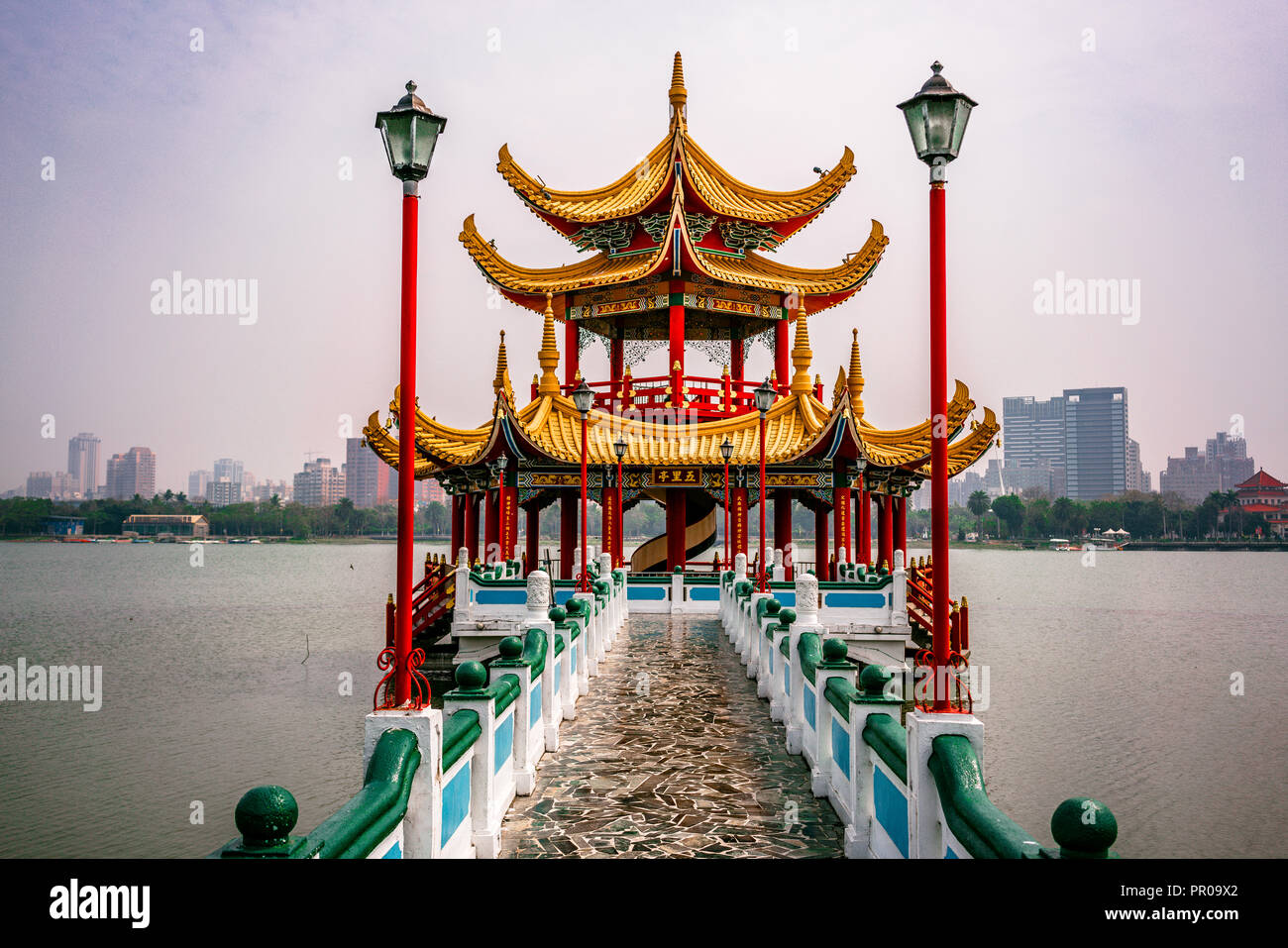 Close-up view of Spring and autumn pavilions at lotus pond lake in Kaohsiung Taiwan HDR Stock Photo
