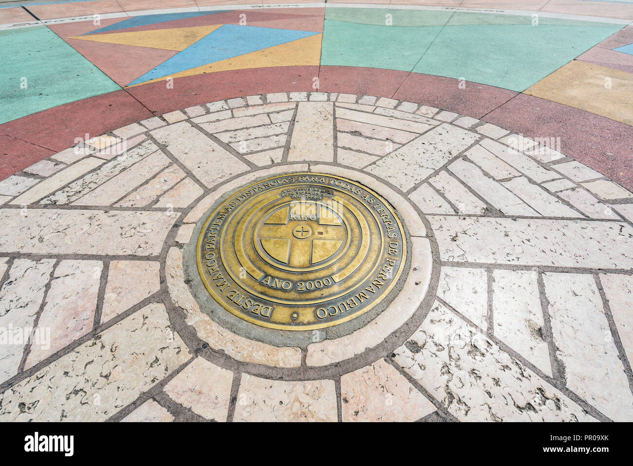 View of Marco Zero (Ground Zero - compass rose, sometimes called a windrose or Rose of the Winds) at Ancient Recife district - Pernambuco, Brazil Stock Photo