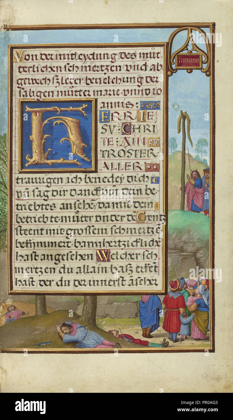 Border with Moses and the Brazen Serpent; Simon Bening, Flemish, about 1483 - 1561, Bruges, Belgium; about 1525 - 1530; Tempera Stock Photo