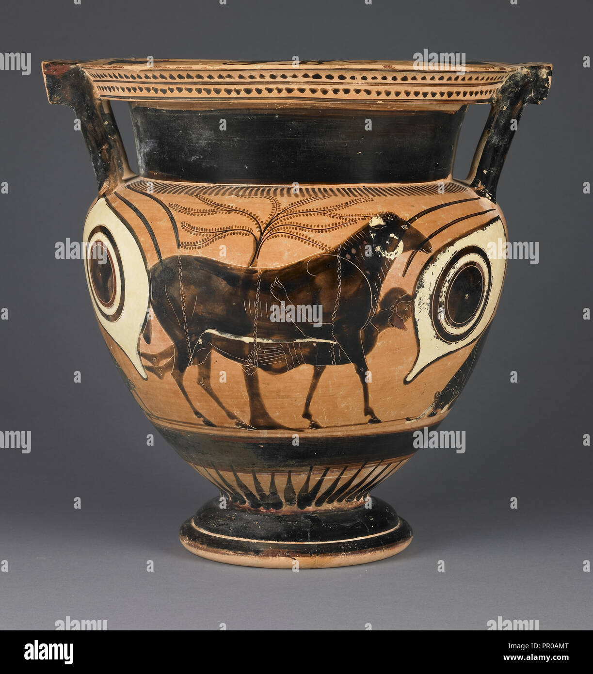 Mixing Vessel with Odysseus Escaping from the Cyclops's Cave; Athens, Greece; second half of 6th century B.C; Terracotta Stock Photo