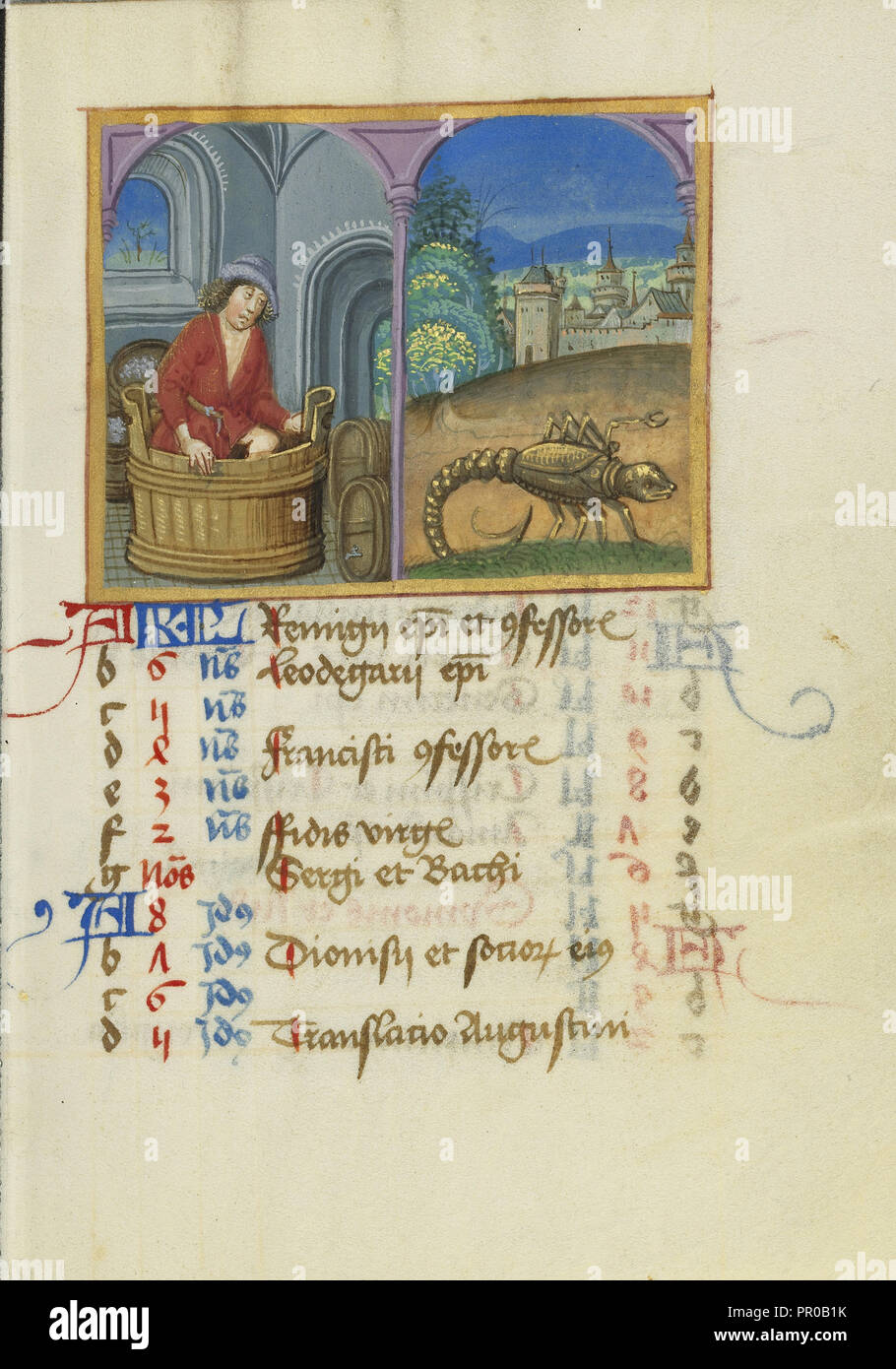 Treading Grapes; Zodiacal Sign of Scorpio; Strasbourg, France; early 16th century; Tempera colors on parchment Stock Photo