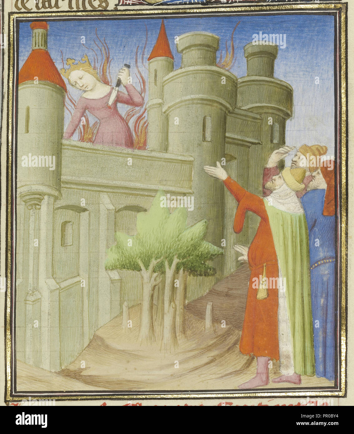 The Suicide of Queen Dido; Paris, France; about 1413 - 1415; Tempera colors, gold leaf, gold paint, and ink on parchment; Leaf Stock Photo
