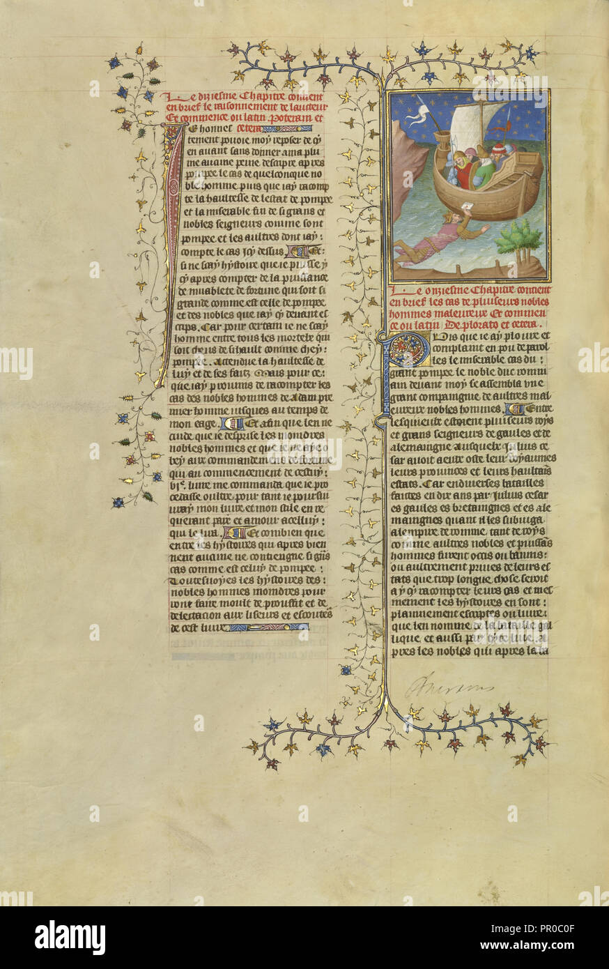 Julius Caesar, Escaping from the Island of Pharos, Swims to a Boat while Holding a Letter; Paris, France, Europe; about 1413 Stock Photo