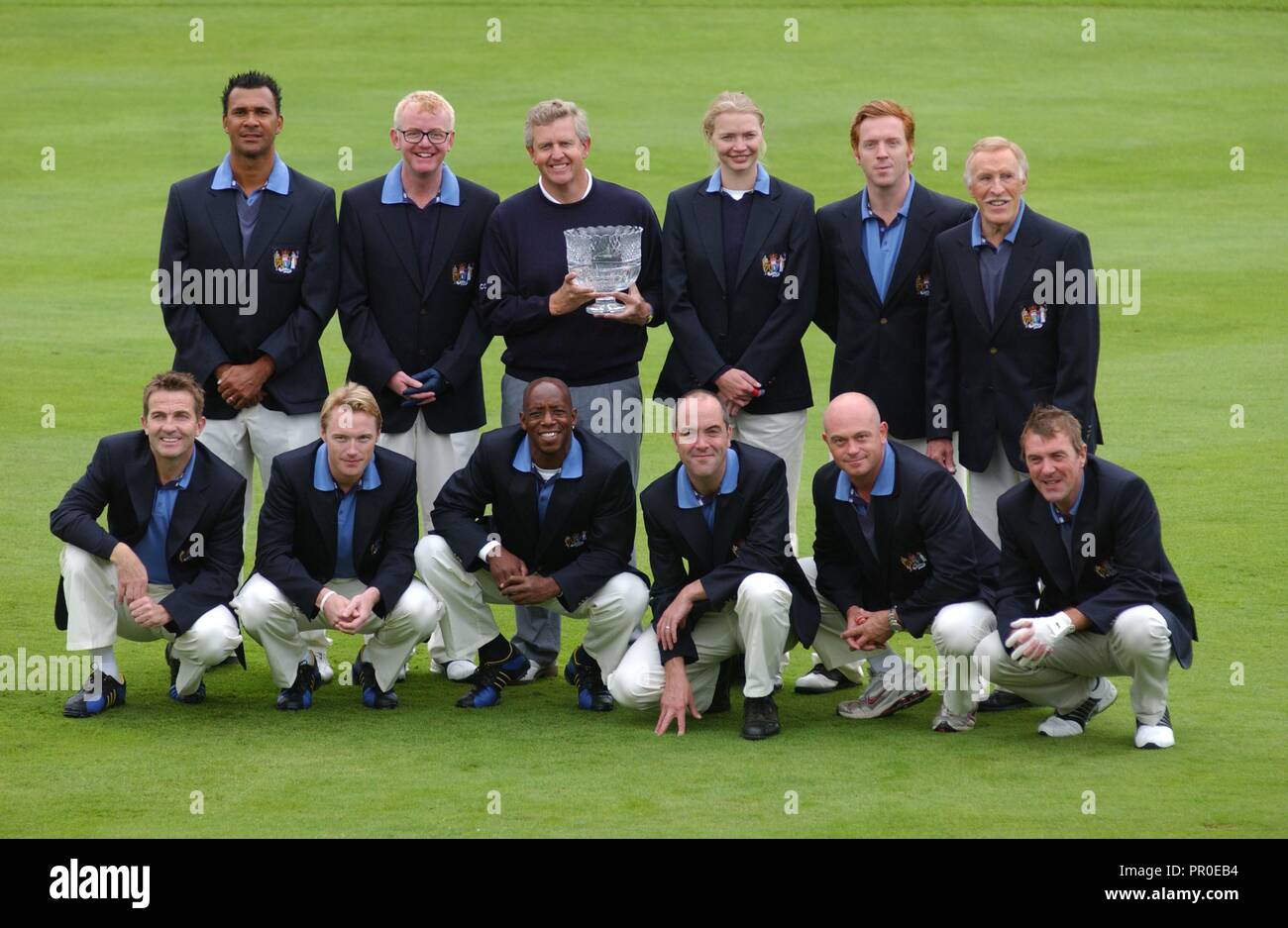 The All*Star Cup Celebrity Golf Tournament gets under way at the Celtic Manor Resort, Newport, South Wales today ( Saturday 26/8/06 ) with the American and European teams posing for team pictures before the start of the event. The European Team is pictured. Left to right front are Actor Bradley Walsh, Singer Ronan Keating, footballer Ian Wright, Actor James Nesbitt, actor Ross Kemp and cricketer Phil Tufnell. Left tight in the back row are footballer Ruud Gullit, DJ Chris Evans, Team Captain Colin Montgomerie, model Jodie Kidd, actor Damian Lewis and entertainer Bruce Forsyth. Stock Photo