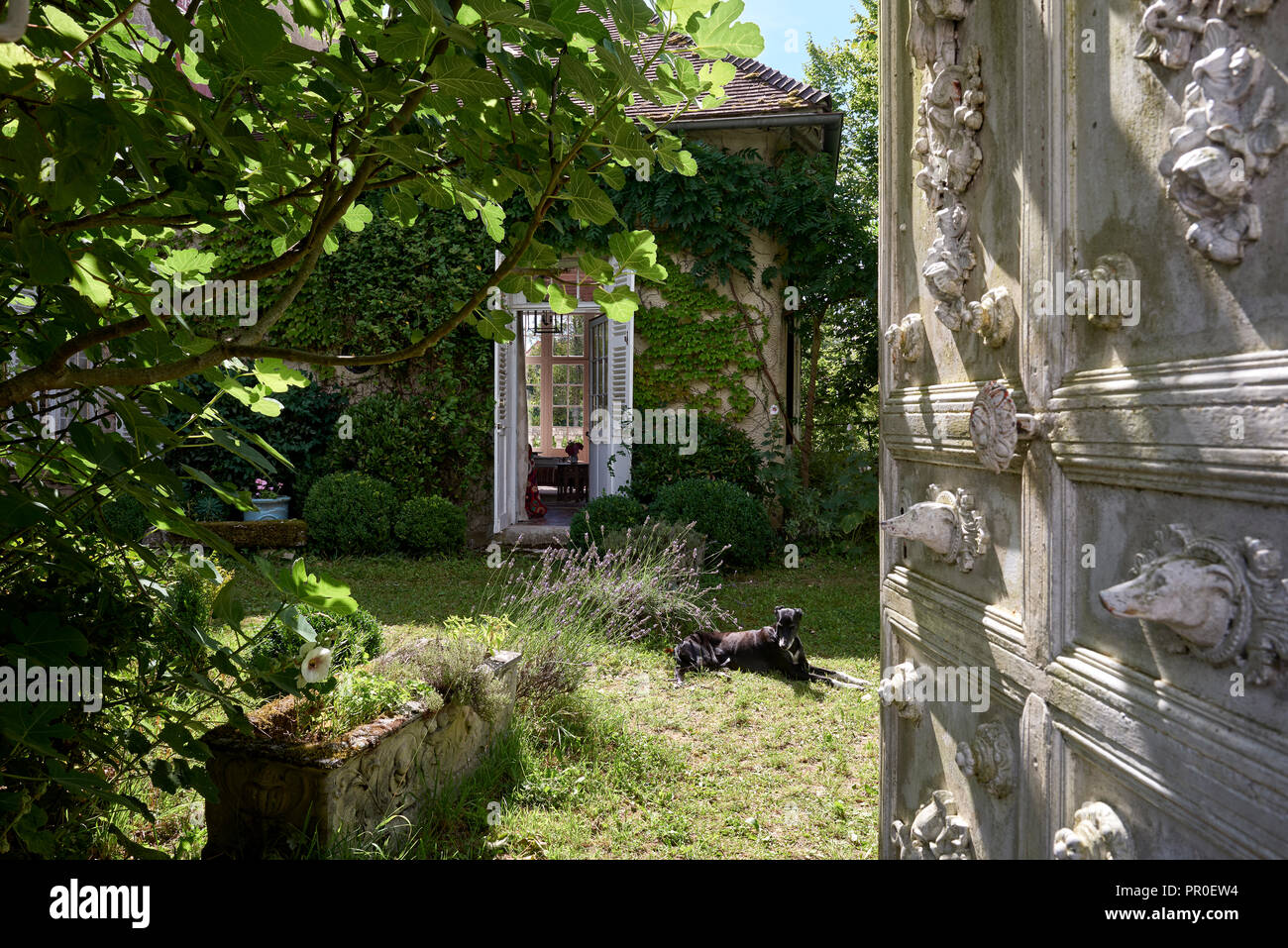 Old decorative door in garden with view into French house Stock Photo