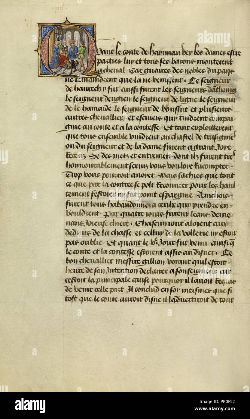 Initial Q: Gillion Asking the Count of Hainaut for Permission to Go on Pilgrimage; Lieven van Lathem, Flemish, about 1430 - 1493 Stock Photo
