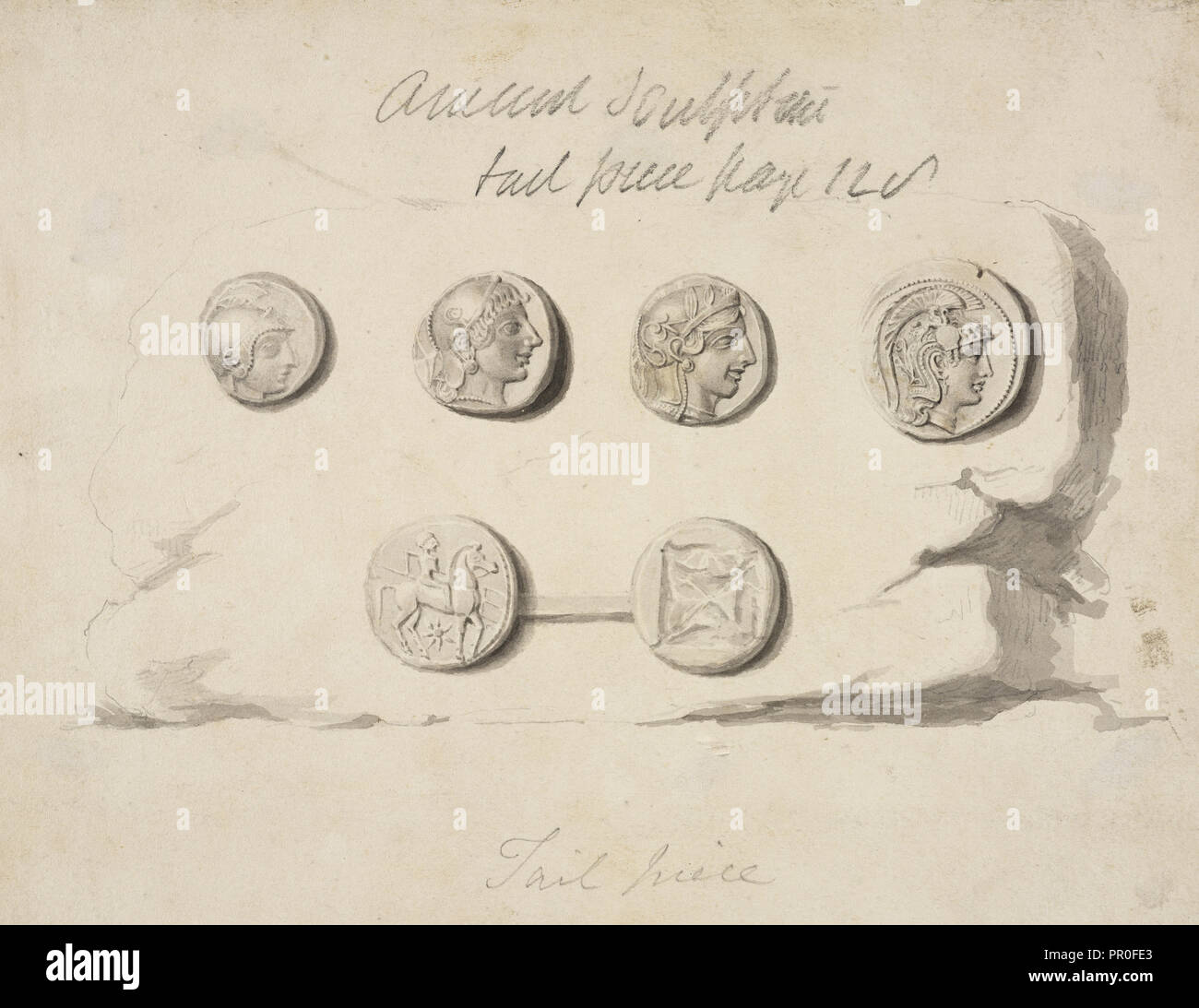 Six seals or coins, Society of Dilettanti drawings, prints, and letters, 1806-1880, Wash on paper, between 1809 and 1835 Stock Photo