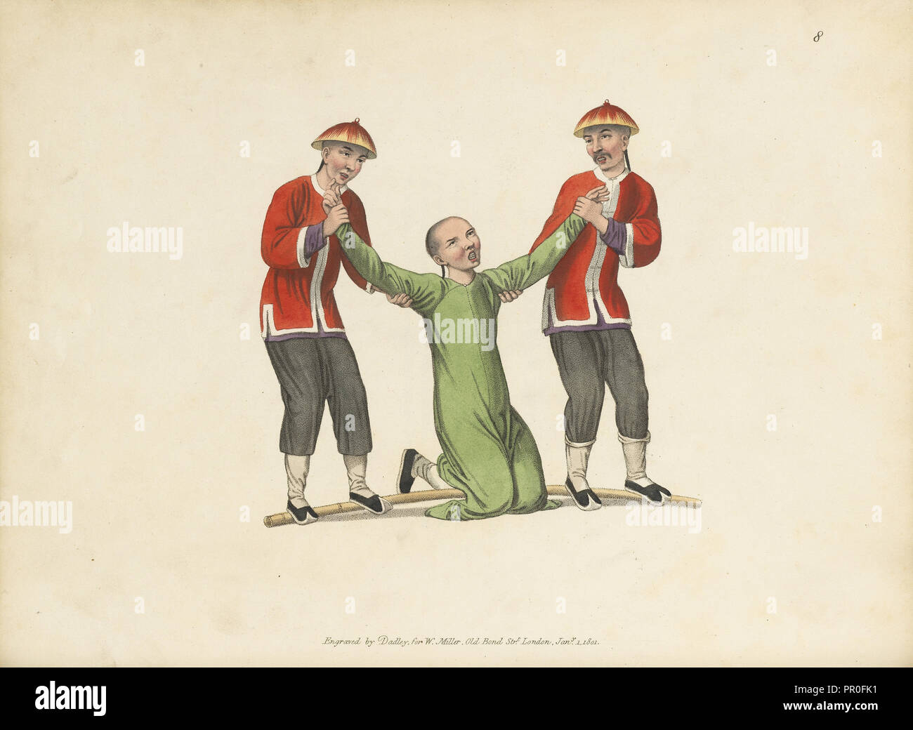 Punishing an interpreter, The punishments of China, Dadley, J., Mason, George Henry, Stipple engraving, hand-colored, 1801 Stock Photo