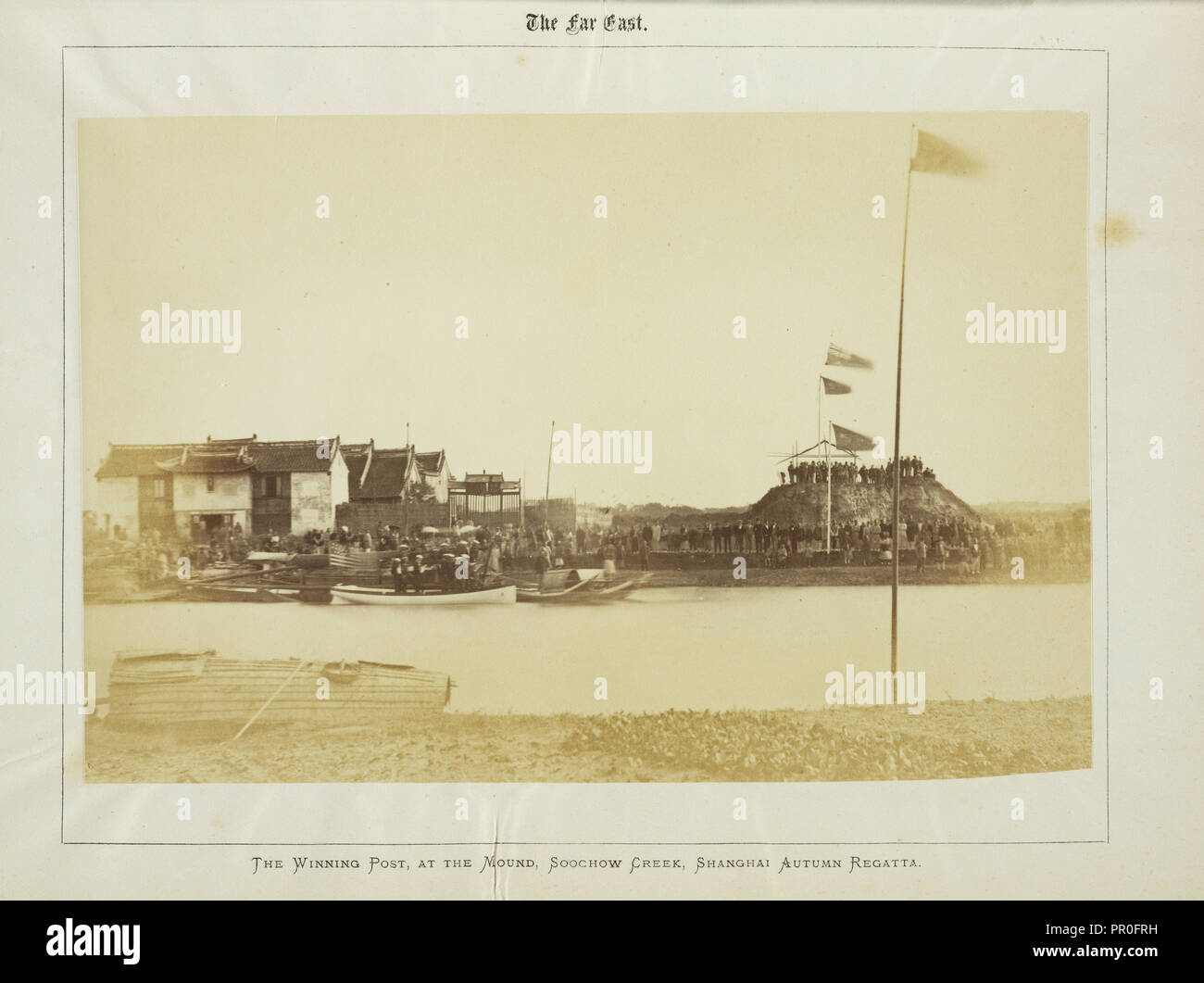 The winning post, at the mound, Soochow Creek, Shanghai autumn regatta, Albumen, 1876 October 30-31 Stock Photo
