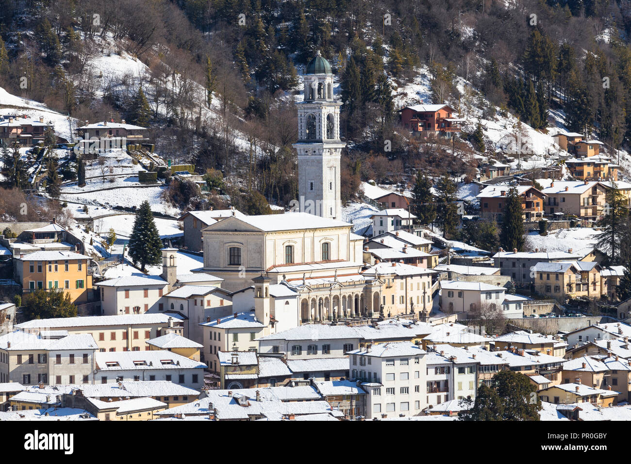 Church of the village of Clusone in winter, Clusone, Val Seriana, Bergamo province, Lombardy, Italy, Europe Stock Photo