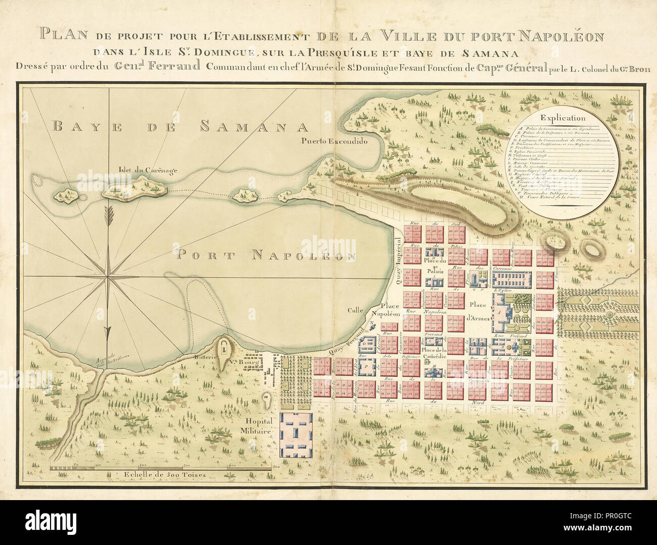 Plan de projet pour l'établissement de la ville du Port Napoléon dans l'isle St. Domingue, sur la presqu'isle et baye de Samana Stock Photo