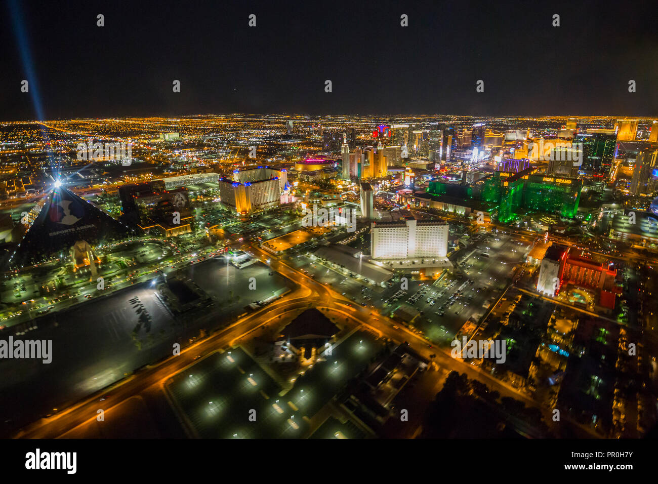 View of Las Vegas and The Strip from helicopter at night, Las Vegas, Nevada, United States of America, North America Stock Photo