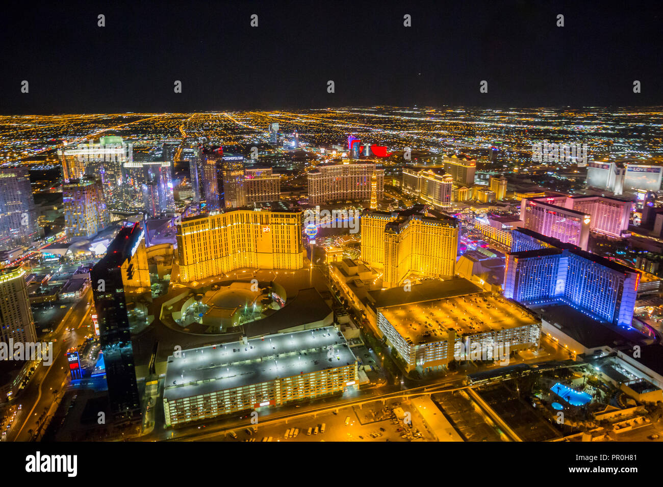 View of Las Vegas and The Strip from helicopter at night, Las Vegas, Nevada, United States of America, North America Stock Photo