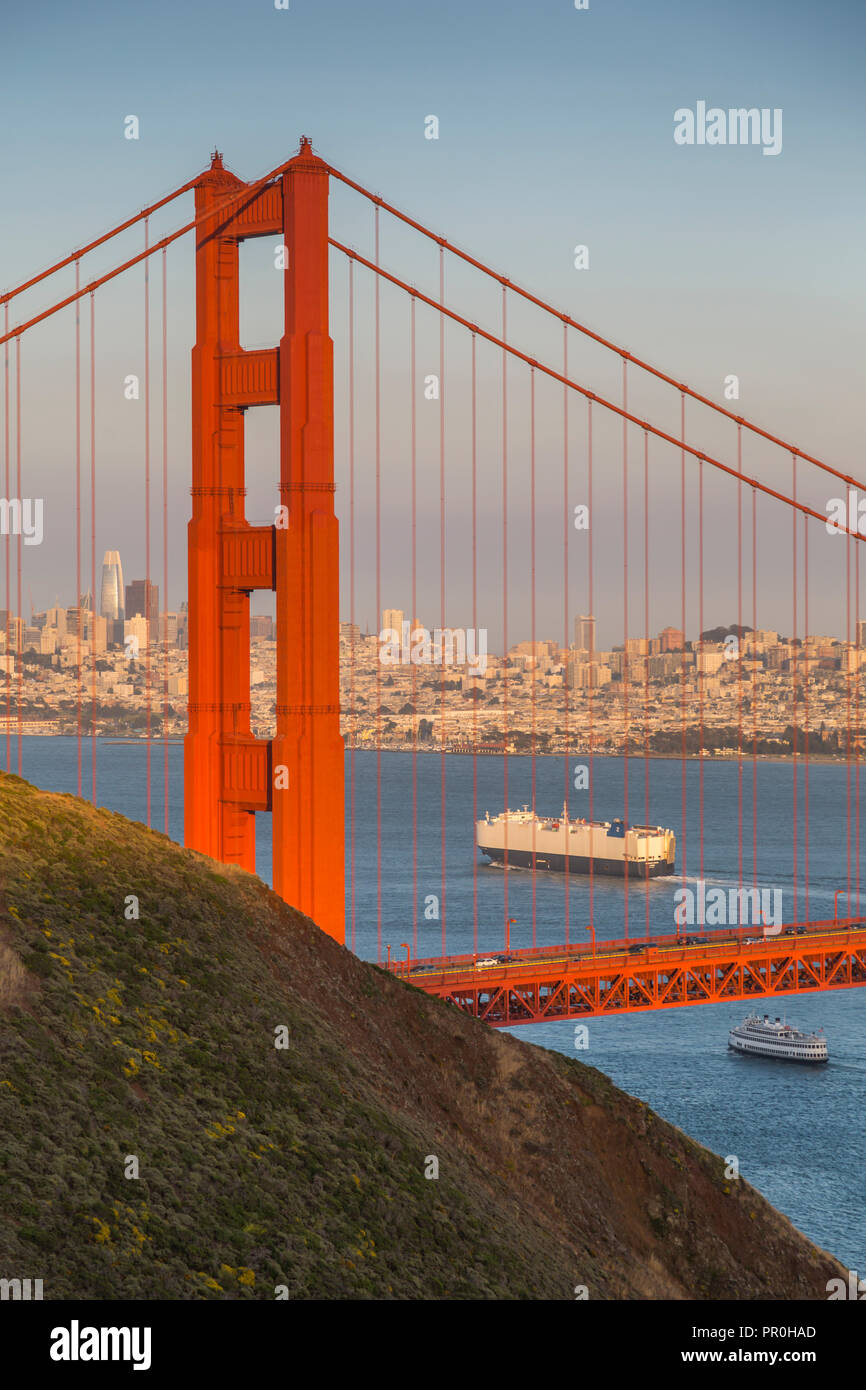 View of Golden Gate Bridge from Golden Gate Bridge Vista Point at sunset, San Francisco, California, United States of America, North America Stock Photo
