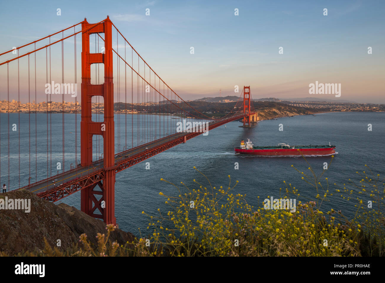 View of Golden Gate Bridge from Golden Gate Bridge Vista Point at sunset, San Francisco
