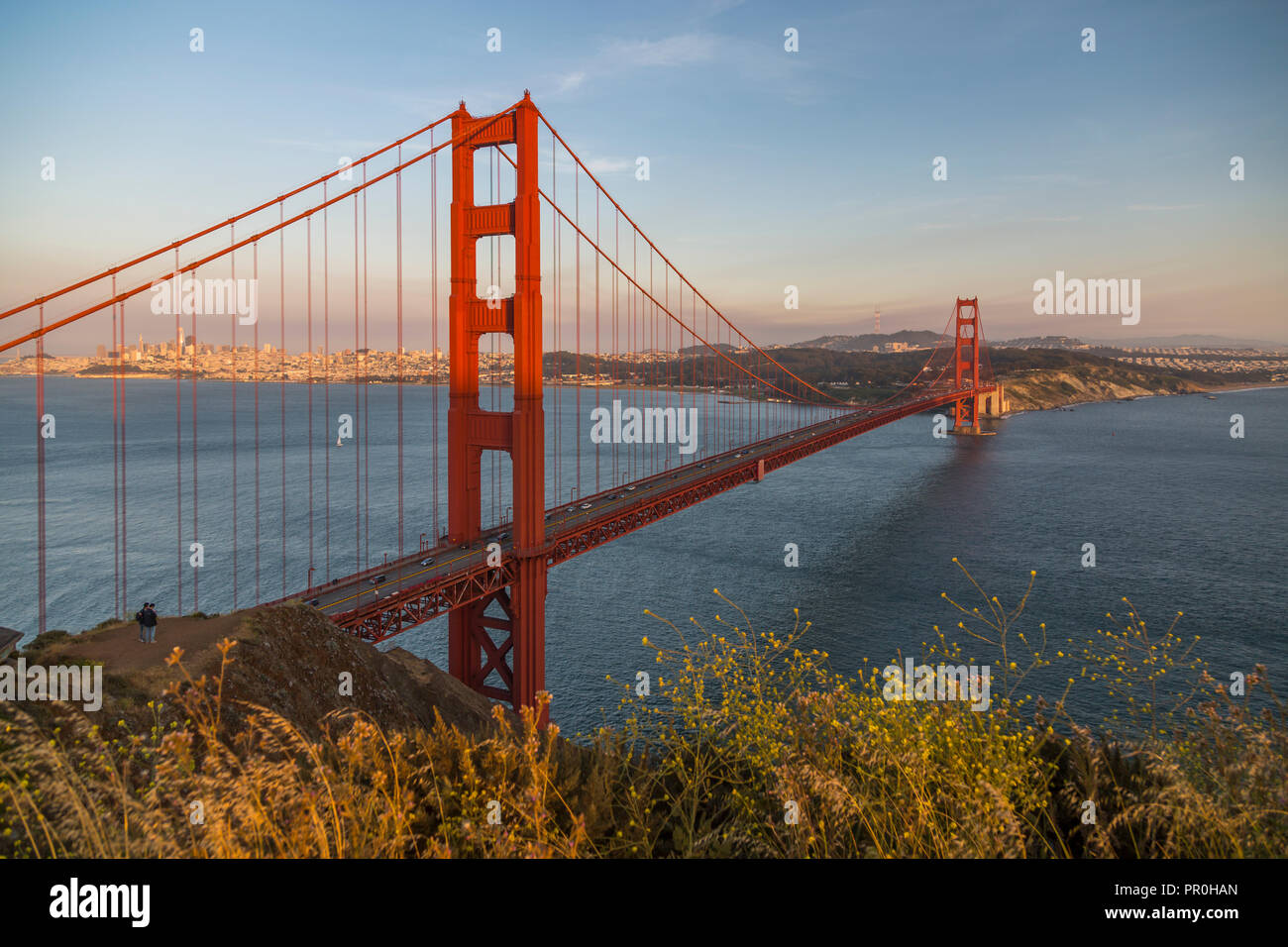 View of Golden Gate Bridge from Golden Gate Bridge Vista Point at sunset, San Francisco, California, United States of America, North America Stock Photo