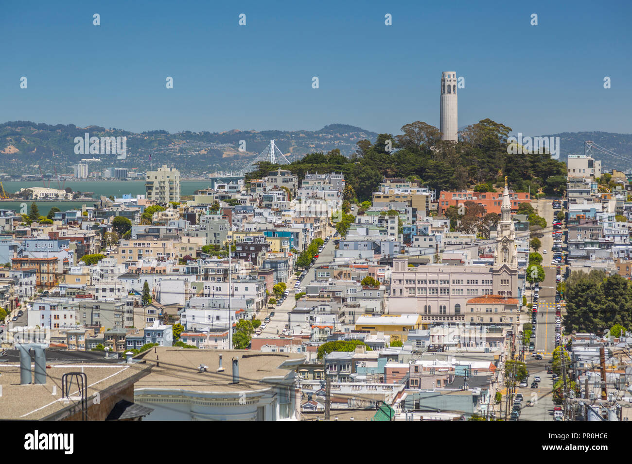 View of Coit Tower from Russian Hill, San Francisco, California, United States of America, North America Stock Photo